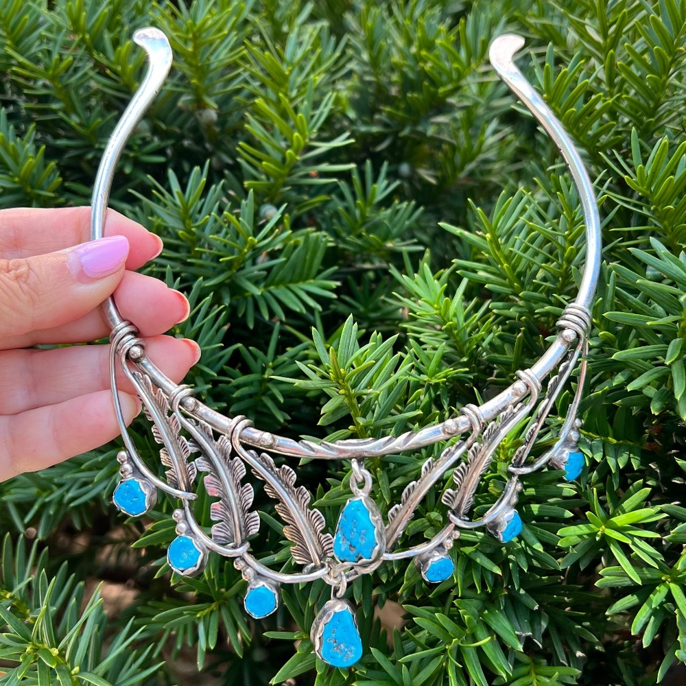 VINTAGE NAVAJO ARTISAN SIGNED TURQUOISE COLLAR CHOCKER STATEMENT NECKLACE 925SS